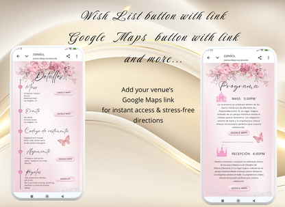 Pink Quinceanera Invitation Website Bilingual|Pink Mis 15 Quince Bilingual Invitation|044qB