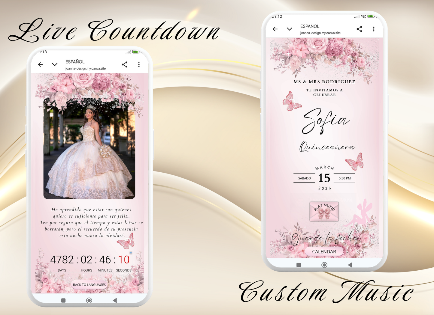 Pink Quinceanera Invitation Website Bilingual|Pink Mis 15 Quince Bilingual Invitation|044qB