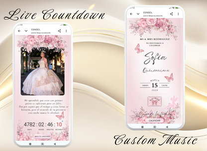 Pink Quinceanera Invitation Website Bilingual|Pink Mis 15 Quince Bilingual Invitation|044qB