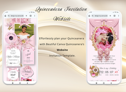 Pink Quinceanera Invitation Digital Website Template, Pink Miss Quince Invite Digital  Website