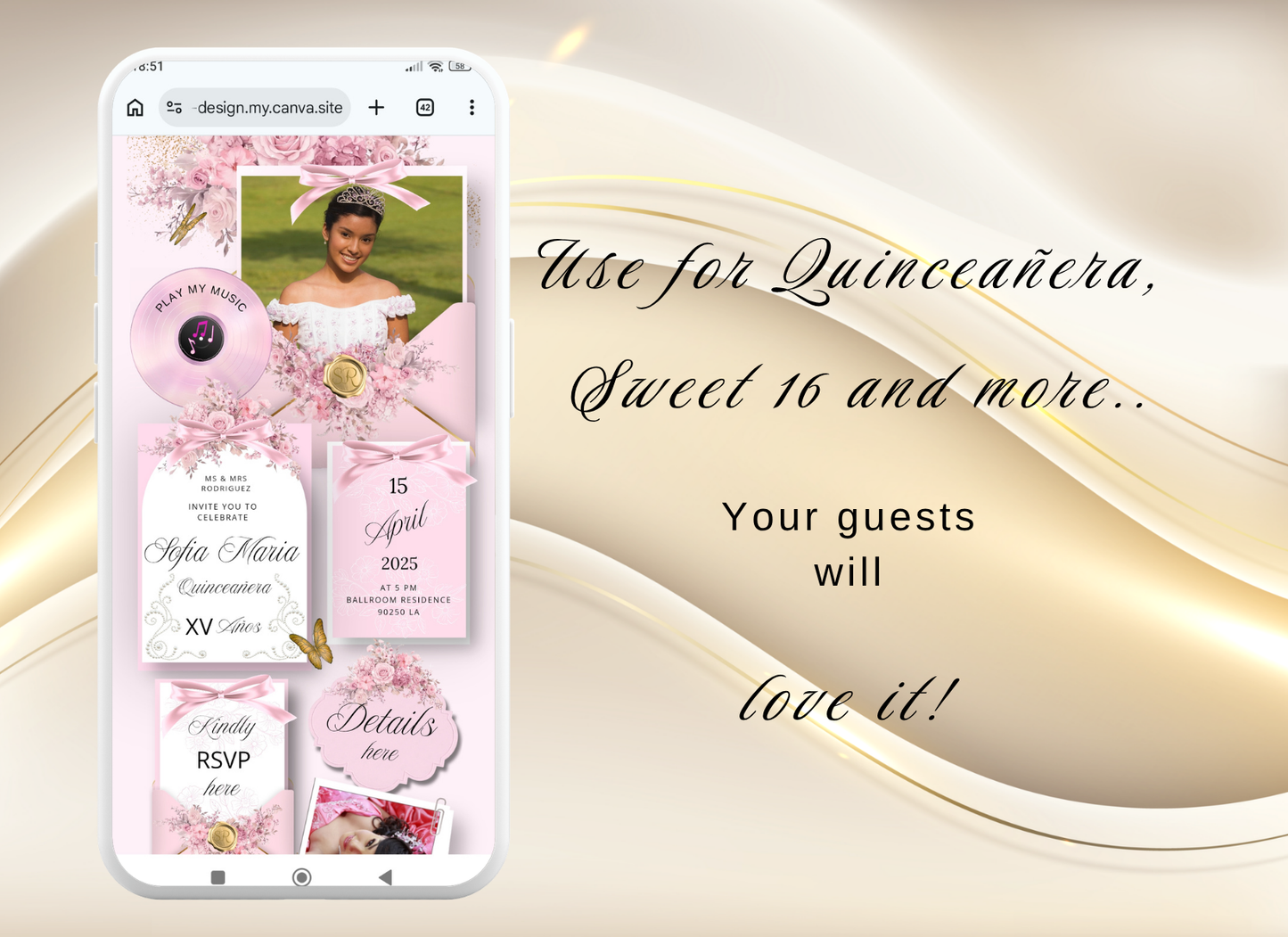 Pink Quinceanera Invitation Digital Website Template, Pink Miss Quince Invite Digital  Website