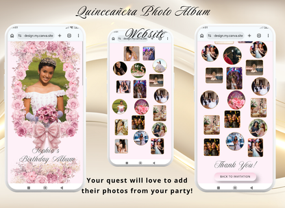 Pink Quinceanera Invitation Digital Website Template, Pink Miss Quince Invite Digital  Website