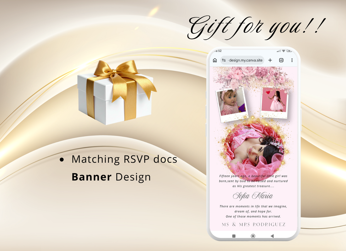 Pink Quinceanera Invitation Digital Website Template, Pink Miss Quince Invite Digital  Website