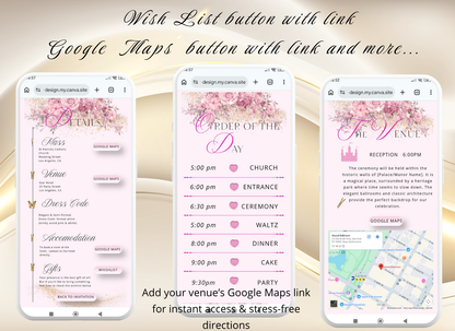 Pink Quinceanera Invitation Digital Website Template, Pink Miss Quince Invite Digital  Website