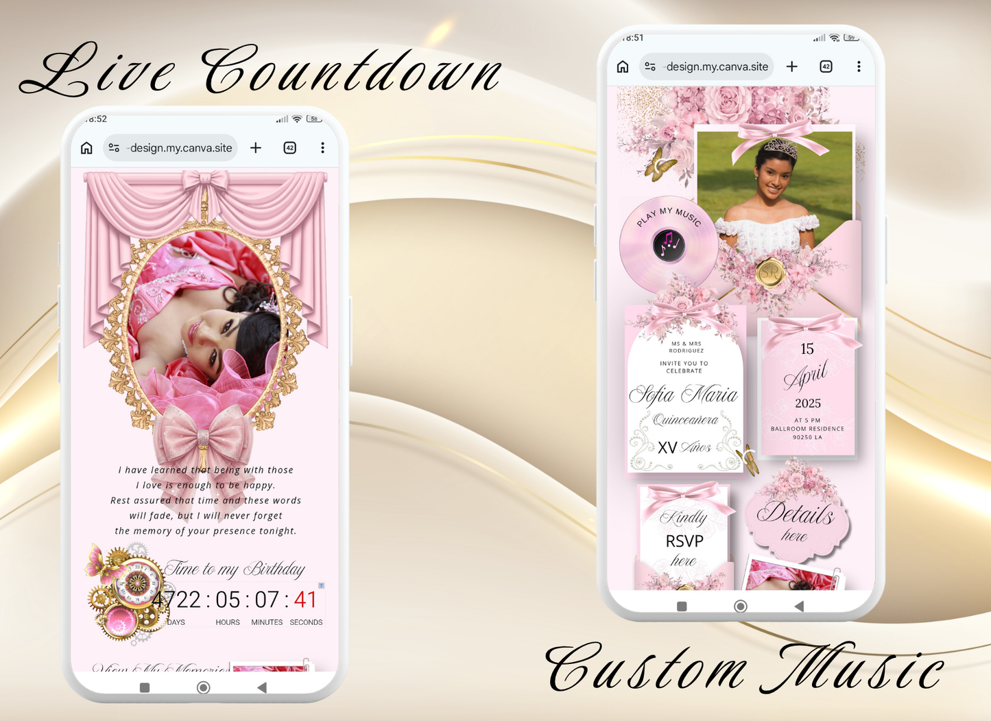 Pink Quinceanera Invitation Digital Website Template, Pink Miss Quince Invite Digital  Website