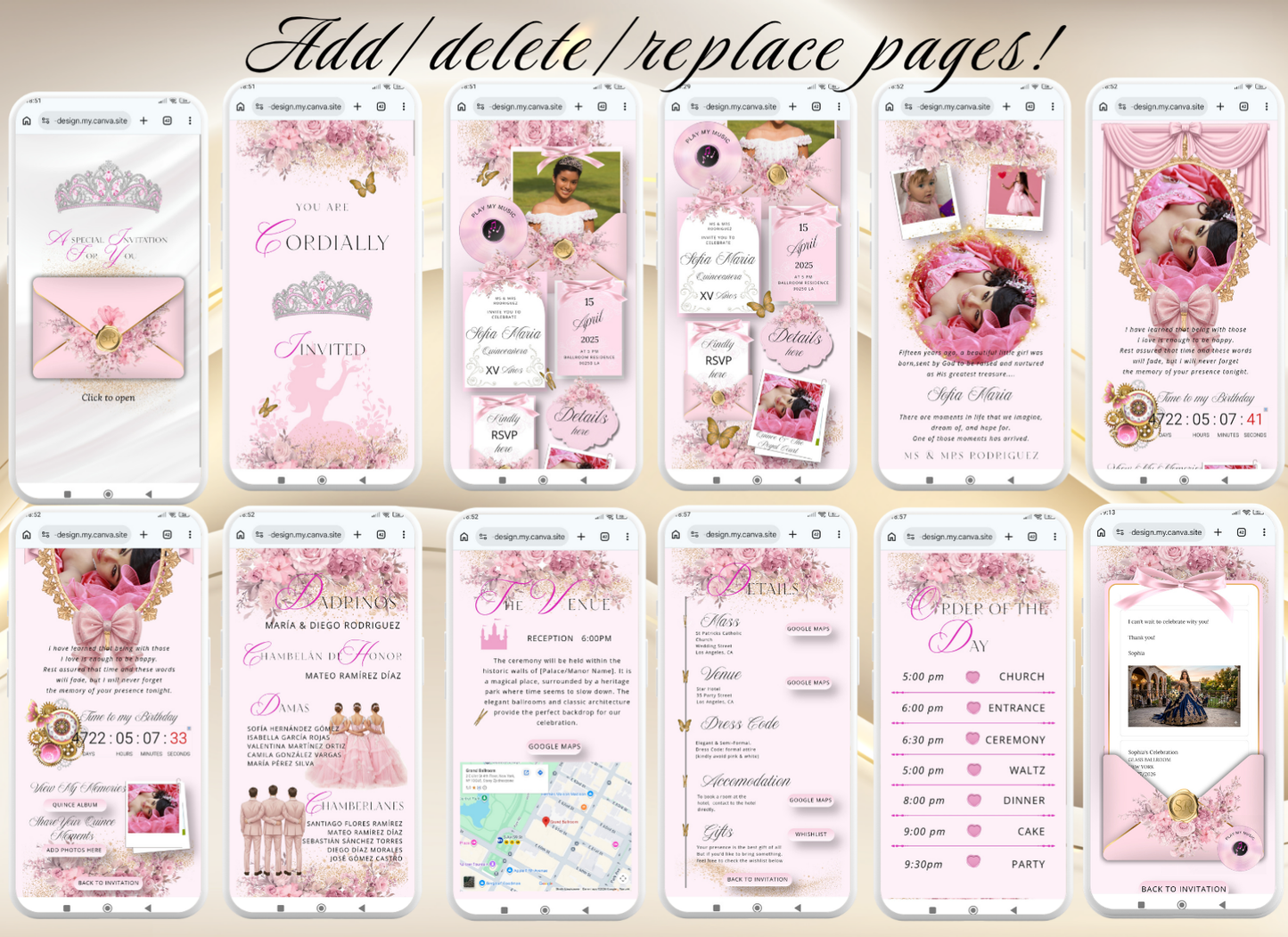 Pink Quinceanera Invitation Digital Website Template, Pink Miss Quince Invite Digital  Website