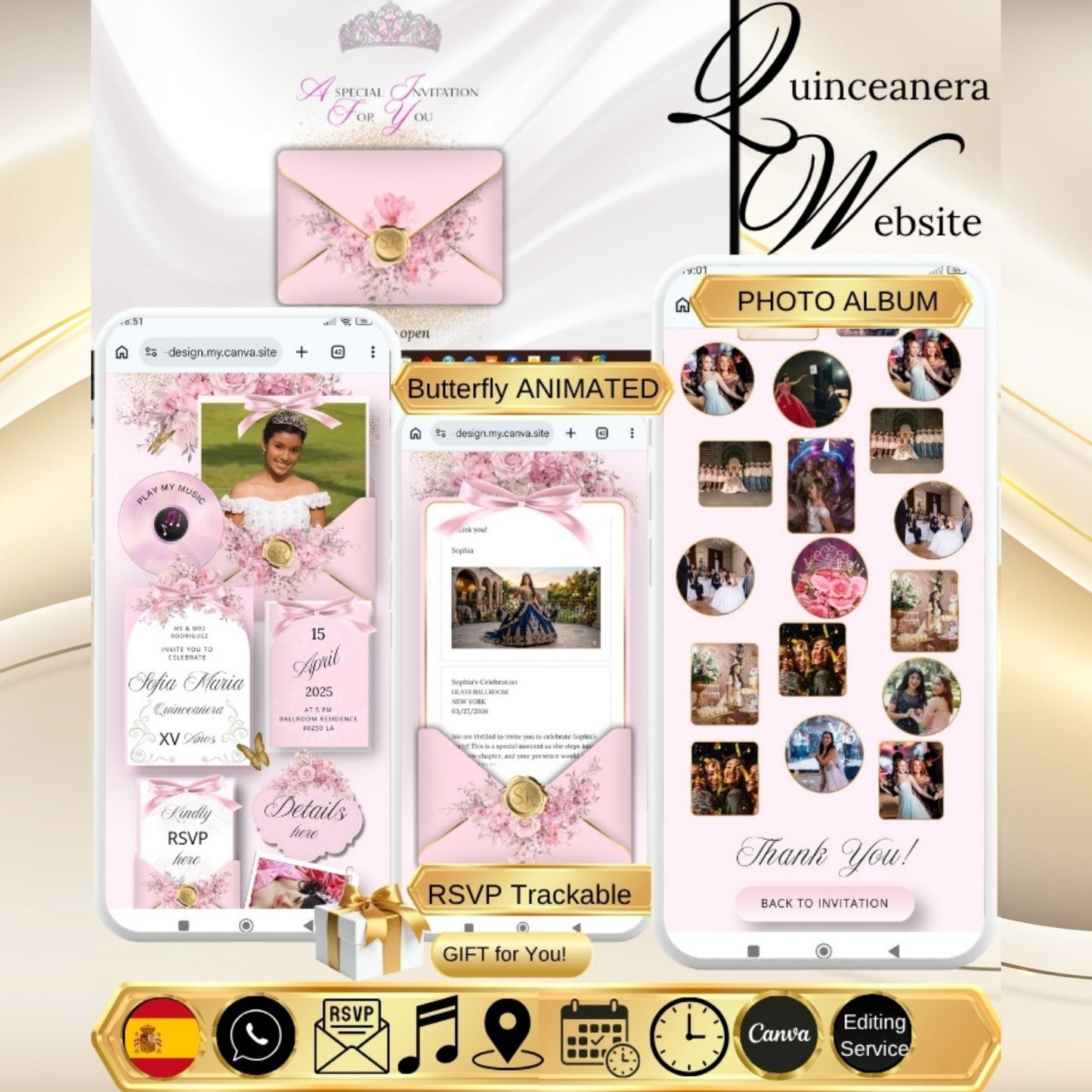 Pink Quinceanera Invitation Digital Website Template, Pink Miss Quince Invite Digital  Website