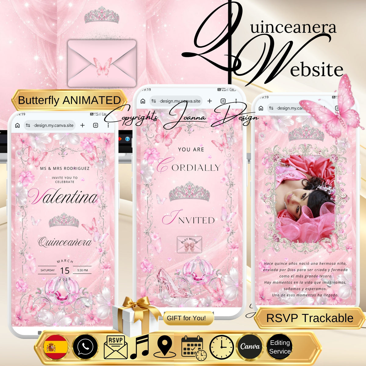 Pink Quinceanera Invitation Website Digital|Princess Birthday Invitation Digital|11q