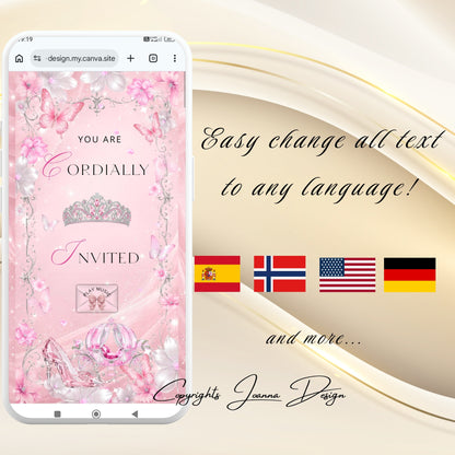 Pink Quinceanera Invitation Website Digital|Princess Birthday Invitation Digital|11q