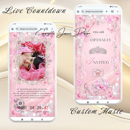 Pink Quinceanera Invitation Website Digital|Princess Birthday Invitation Digital|11q