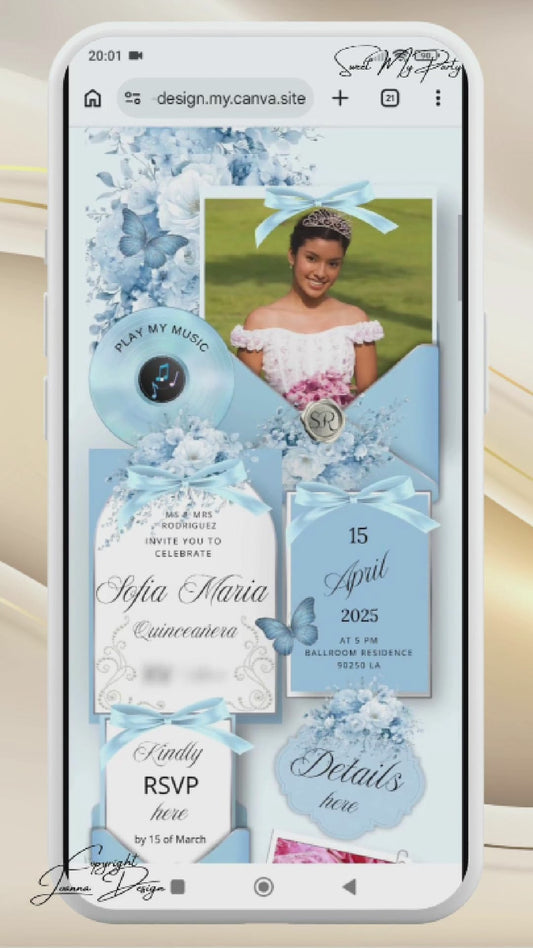 Blue Silver Quinceañera Invitation Website|Blue Mis 15 Quince Invitation Website|(068q)