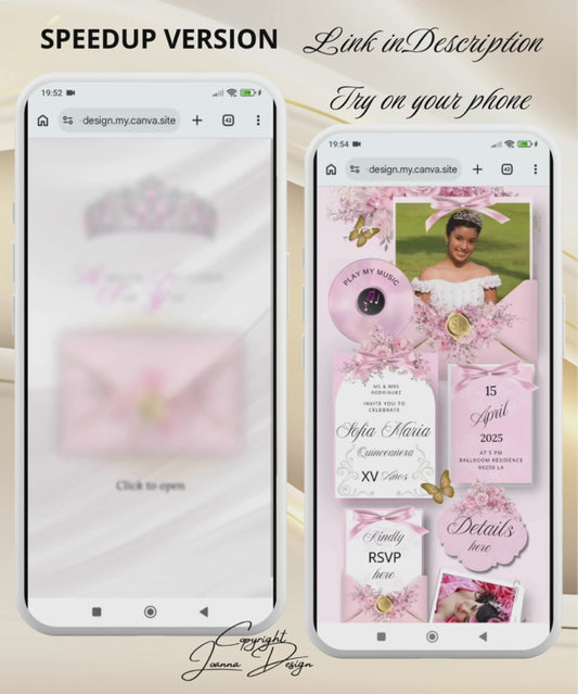 Pink Quinceanera Invitation Digital Website Template, Pink Miss Quince Invite Digital  Website