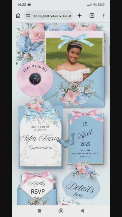 Blue Pink Quinceanera Invitation Website|Blue Pink Mis 15 Quince Invitation