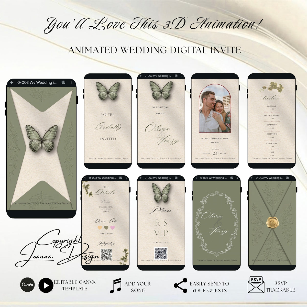 Sage Green Wedding Invitation Digital Video Animated, (0-003WV)