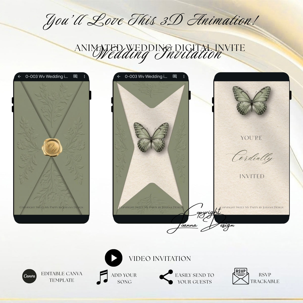 Sage Green Wedding Invitation Digital Video Animated, (0-003WV)