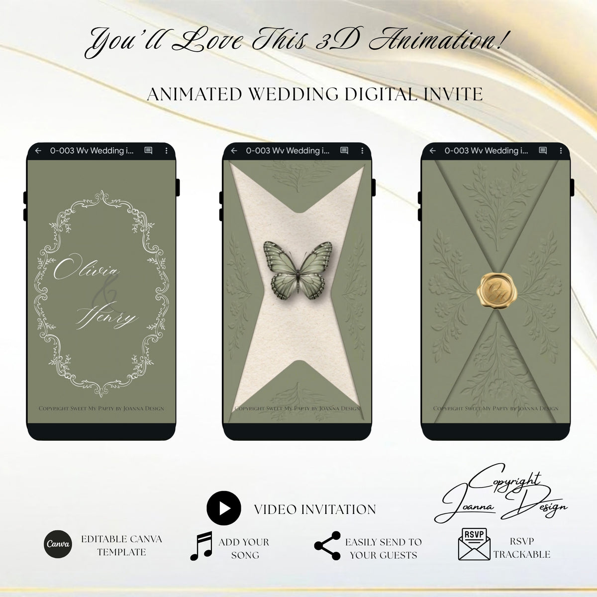 Sage Green Wedding Invitation Digital Video Animated, (0-003WV)