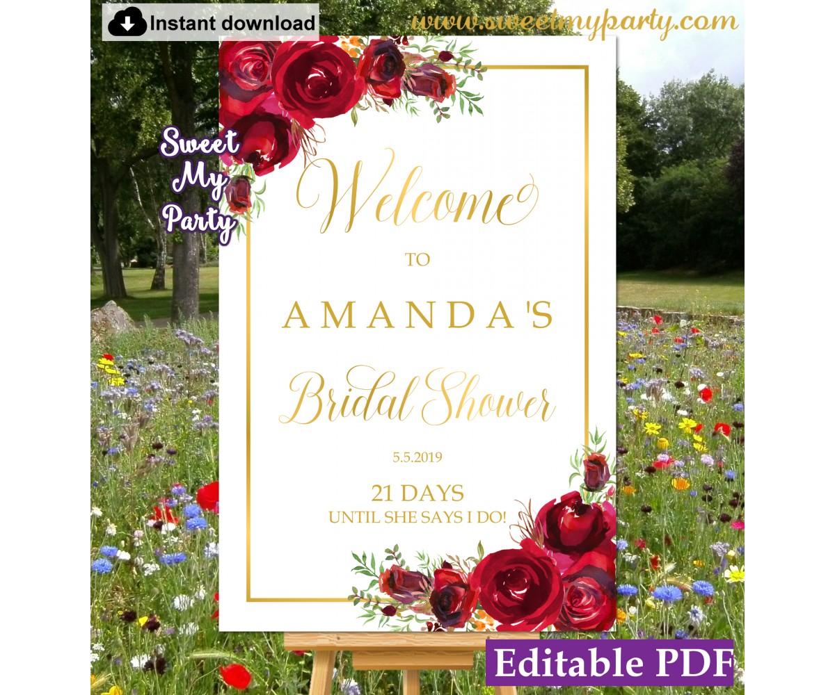 Red Roses Bridal Shower welcome sign, Red Roses Bridal Shower welcome sign  template printable, Bridal Shower welcome sign with red roses, Gold Bridal  Shower welcome sign, Floral Bridal Shower welcome sign, Bridal Shower welcome  sign