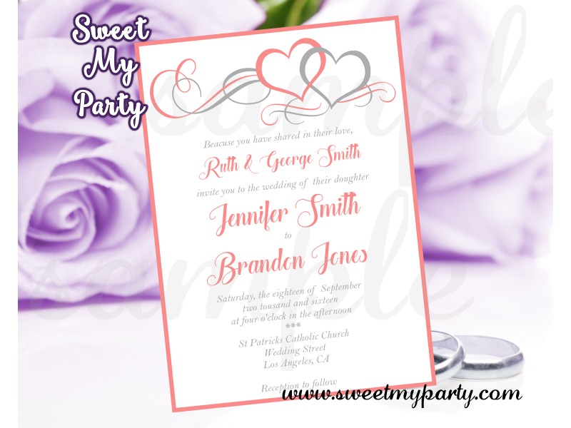 Coral Hearts Wedding Invitation Coral Wedding Invitation With Hearts