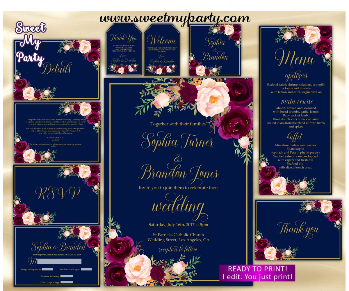 Burgundy Blush Navy Blue Floral Botanical Wedding Invitation Pwif050 Pro Wedding Invites