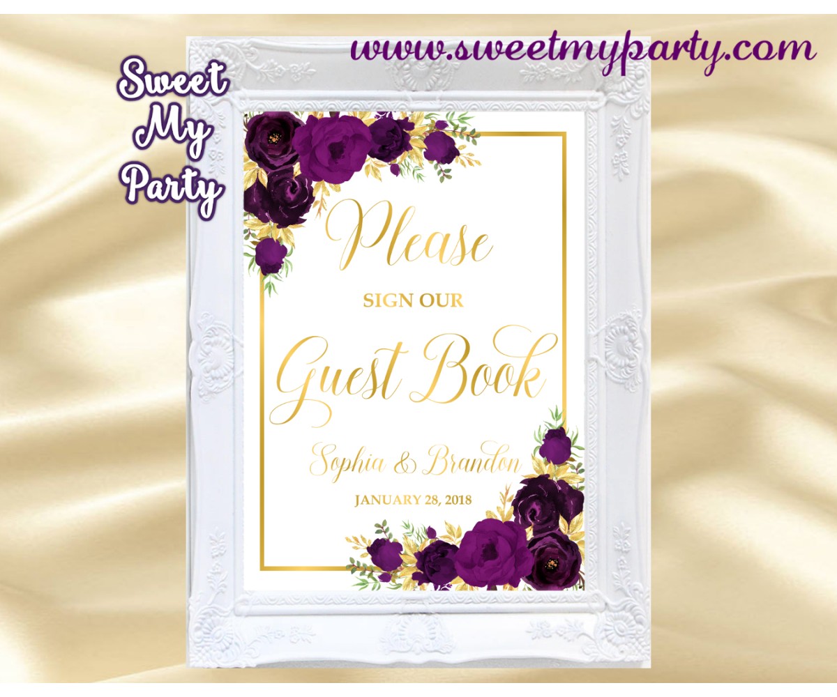 Polaroid Camera Guest Book Wedding Sign Photo Booth Sign - Purple Floral -  A4