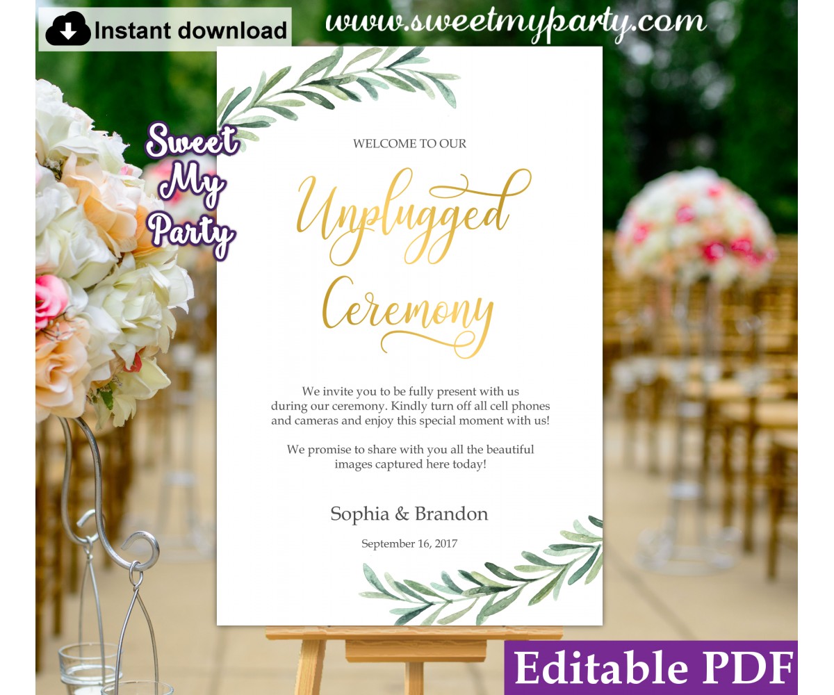 A4 Sage Green 'unplugged Ceremony' Wedding Sign High Quality