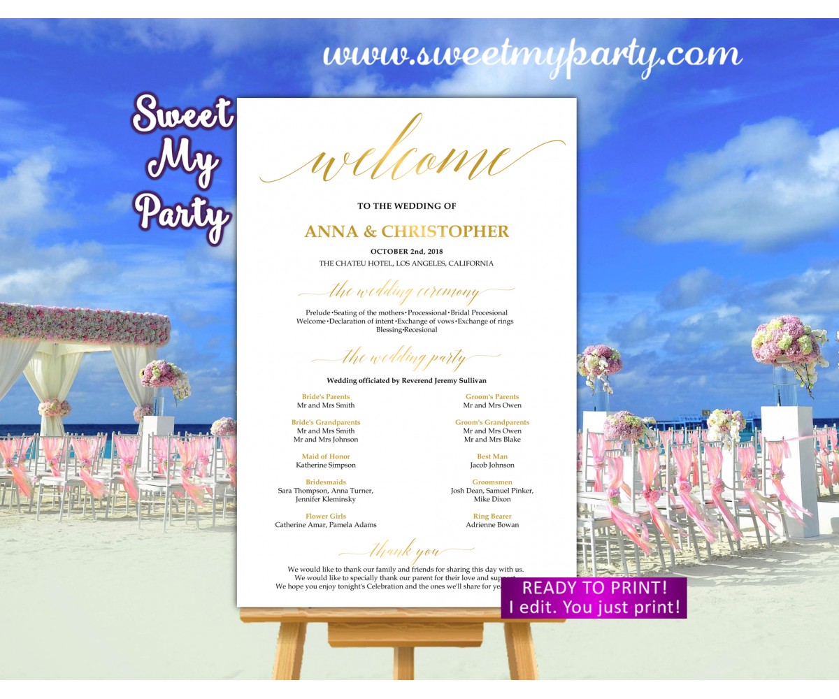 Gold Wedding Welcome Sign With Program Gold Wedding Program Sign