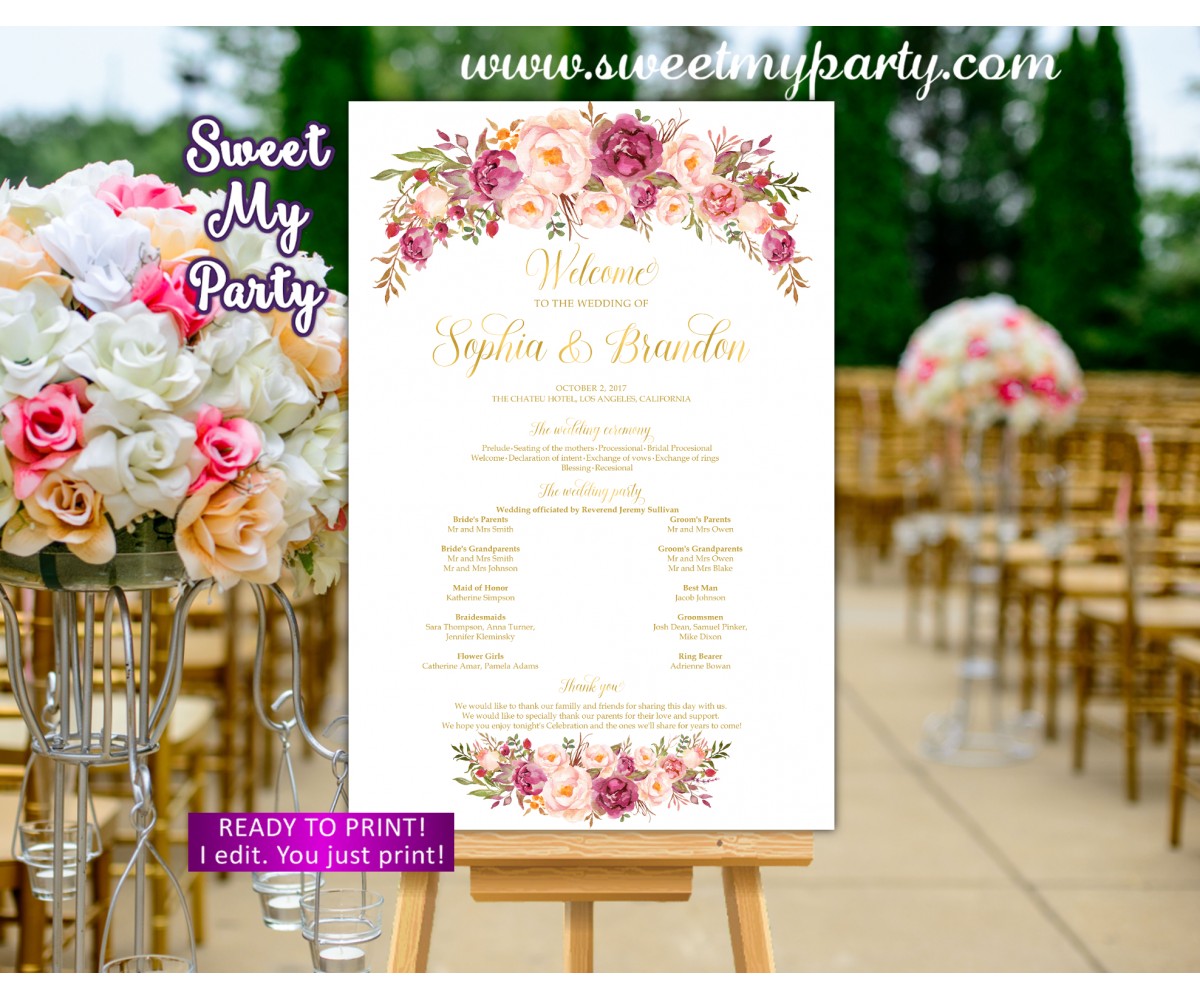 Blush Wedding Program Sign Gold Wedding Program Sign Printable